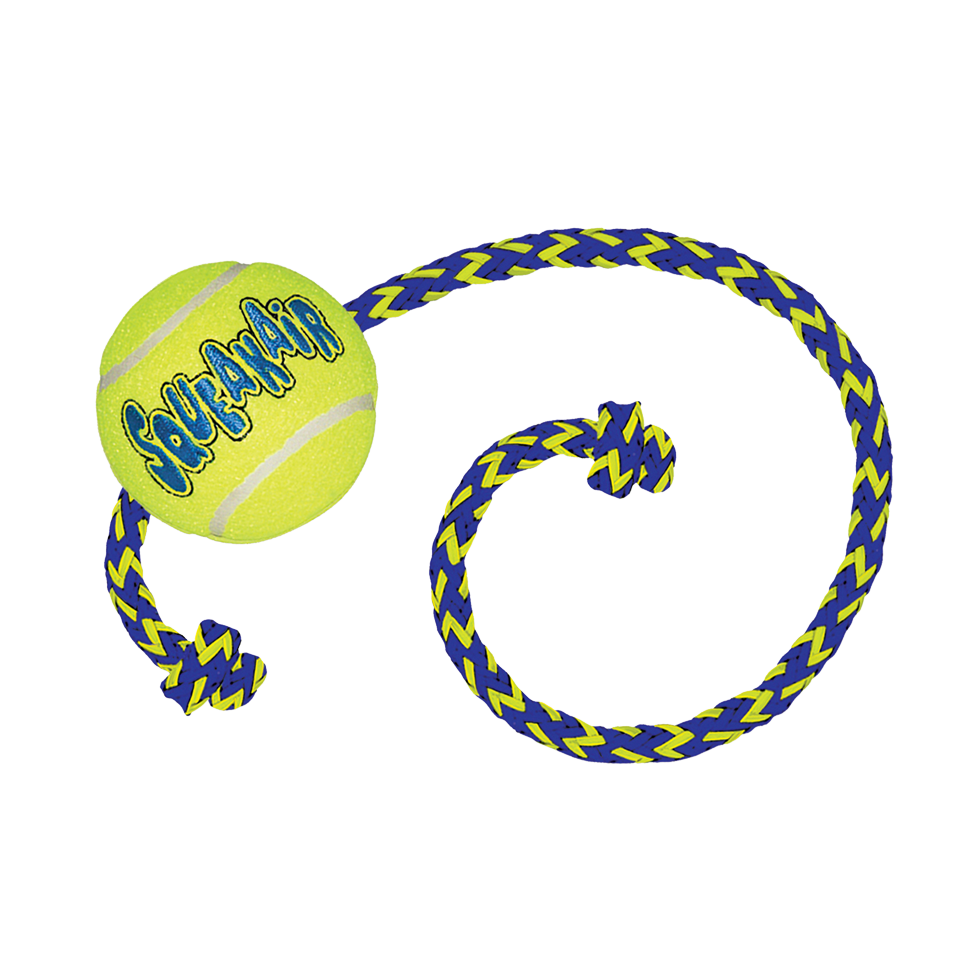 KONG Air Squeaker Tennis Ball M 6 cm with rope 52 cm